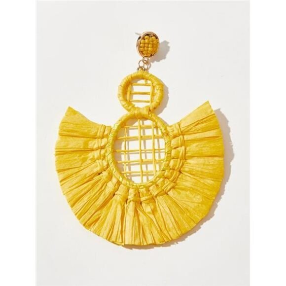 Women’s Statement Raffia Tassel Earrings Boho Dangle Drop Yellow - Picture 3 of 6